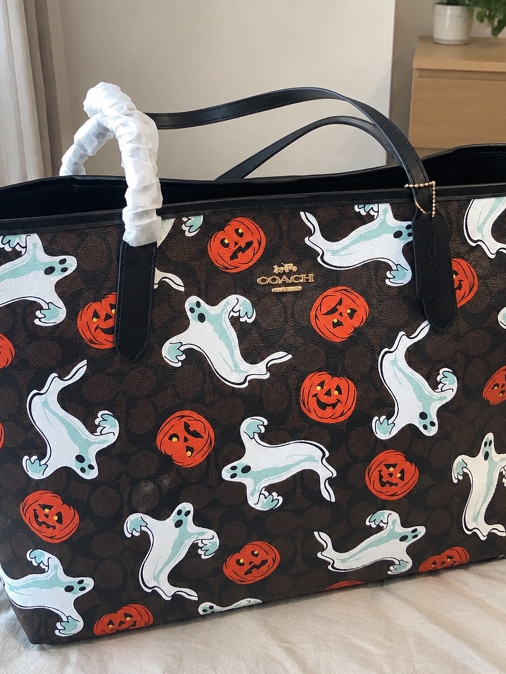 Coach Brown Signature Tote with White Ghosts & Orange Pumpkins